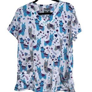 Butter-Soft V-Neck Llama Print Scrub Top M